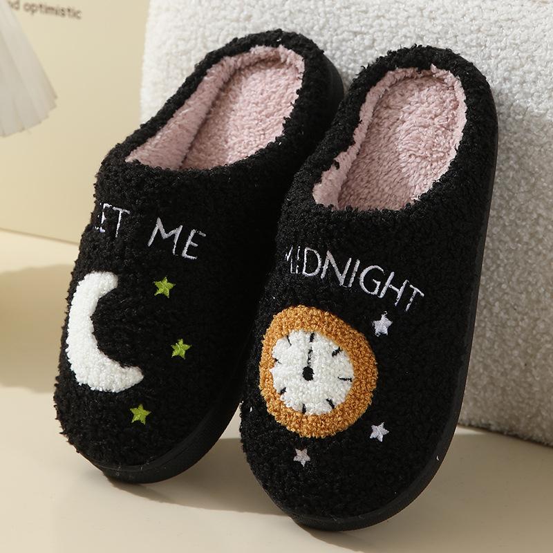 Fashion Moon And Clock Print Home Slippers Winter Warm Floor Bedroom House Shoes For Women 3