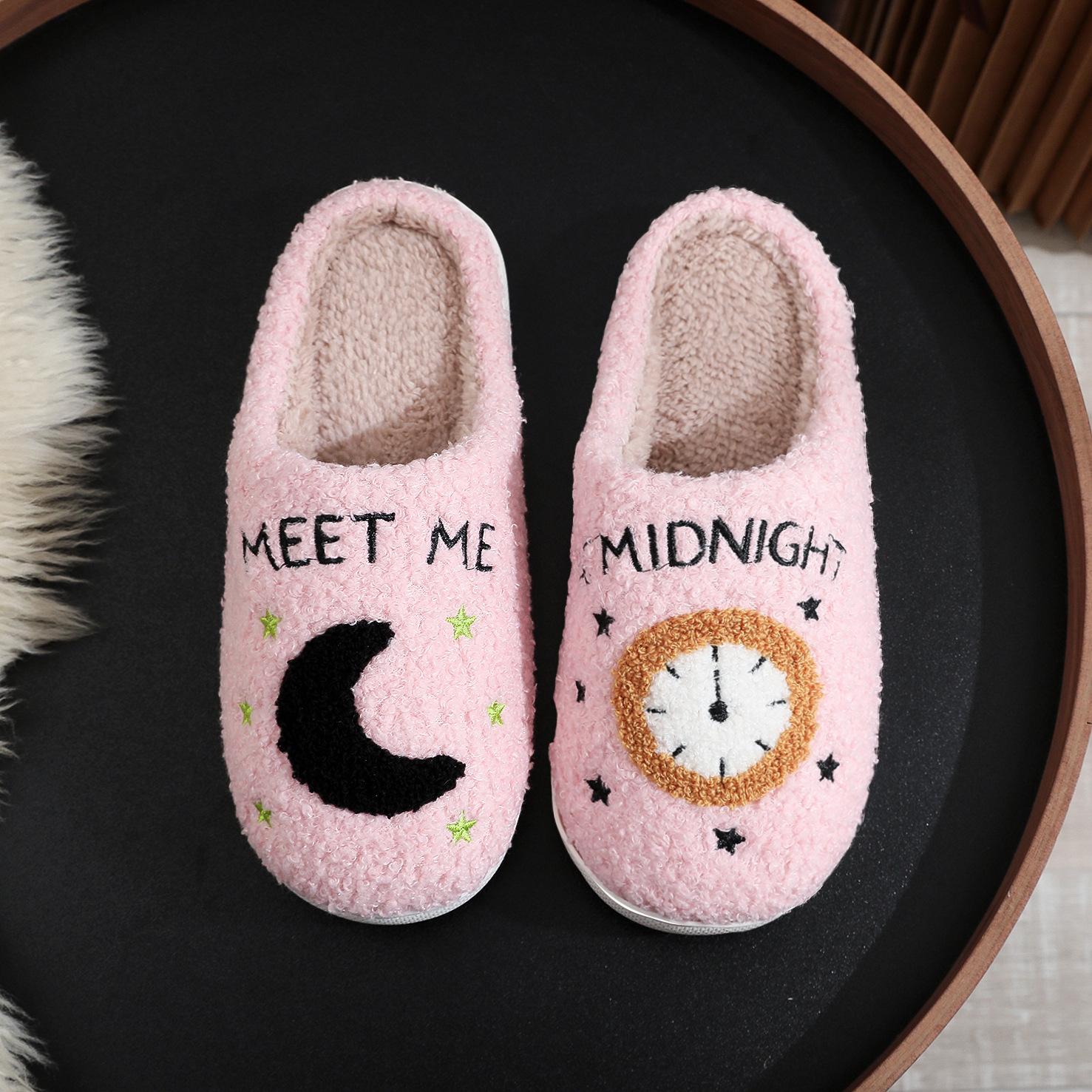 Fashion Moon And Clock Print Home Slippers Winter Warm Floor Bedroom House Shoes For Women 11