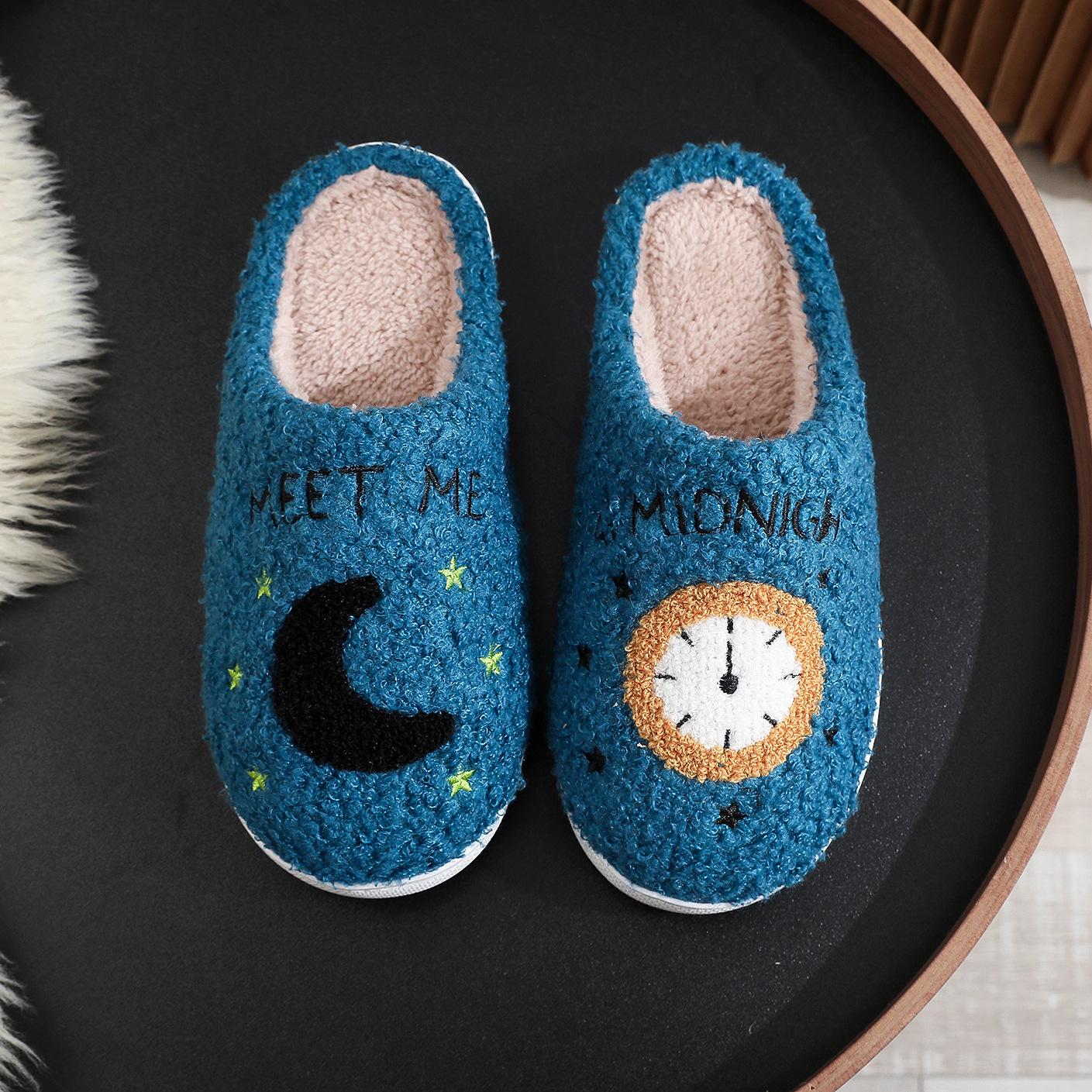 Fashion Moon And Clock Print Home Slippers Winter Warm Floor Bedroom House Shoes For Women 14