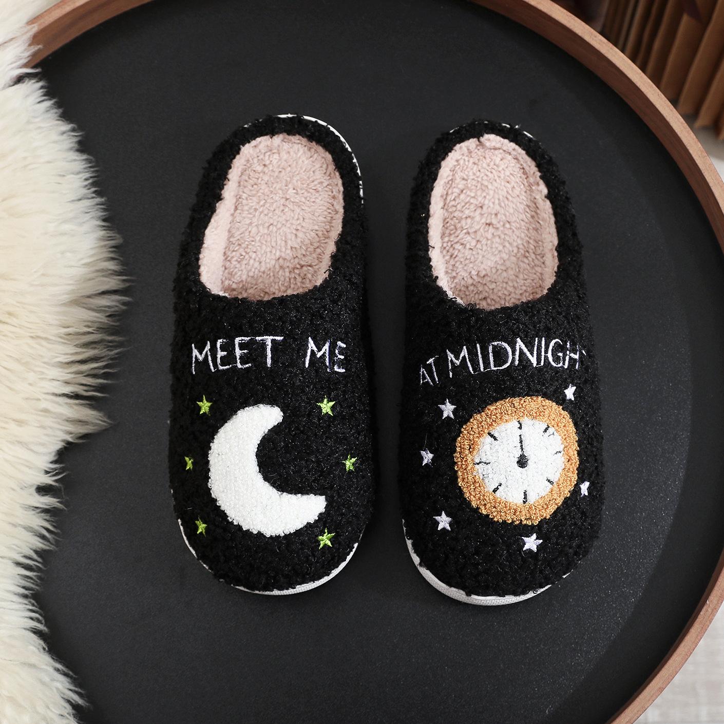 Fashion Moon And Clock Print Home Slippers Winter Warm Floor Bedroom House Shoes For Women 10