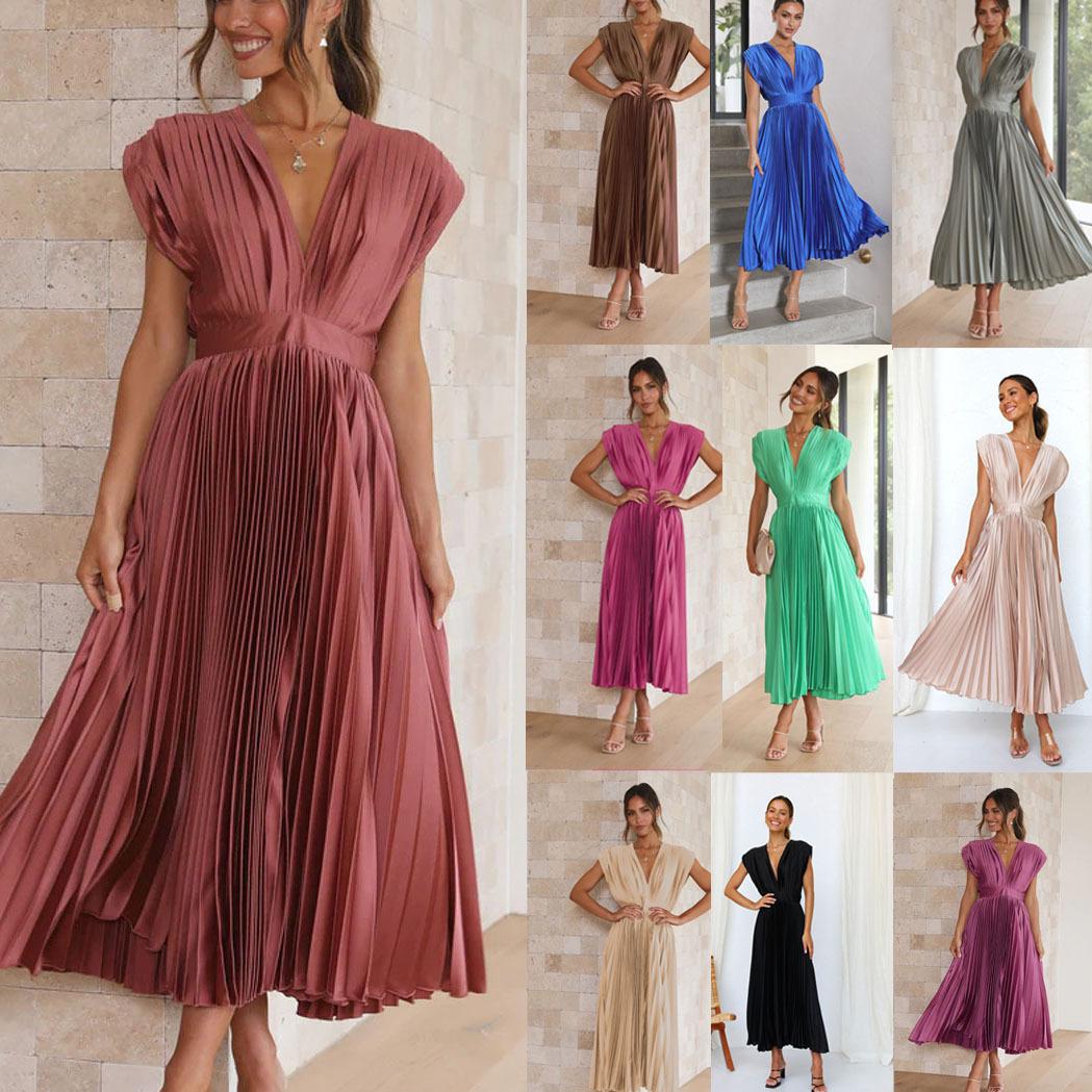 Summer V-neck Pleated Dress INS Fashion Casual Loose Zip Sleeveless Dresses For Women Clothing 19