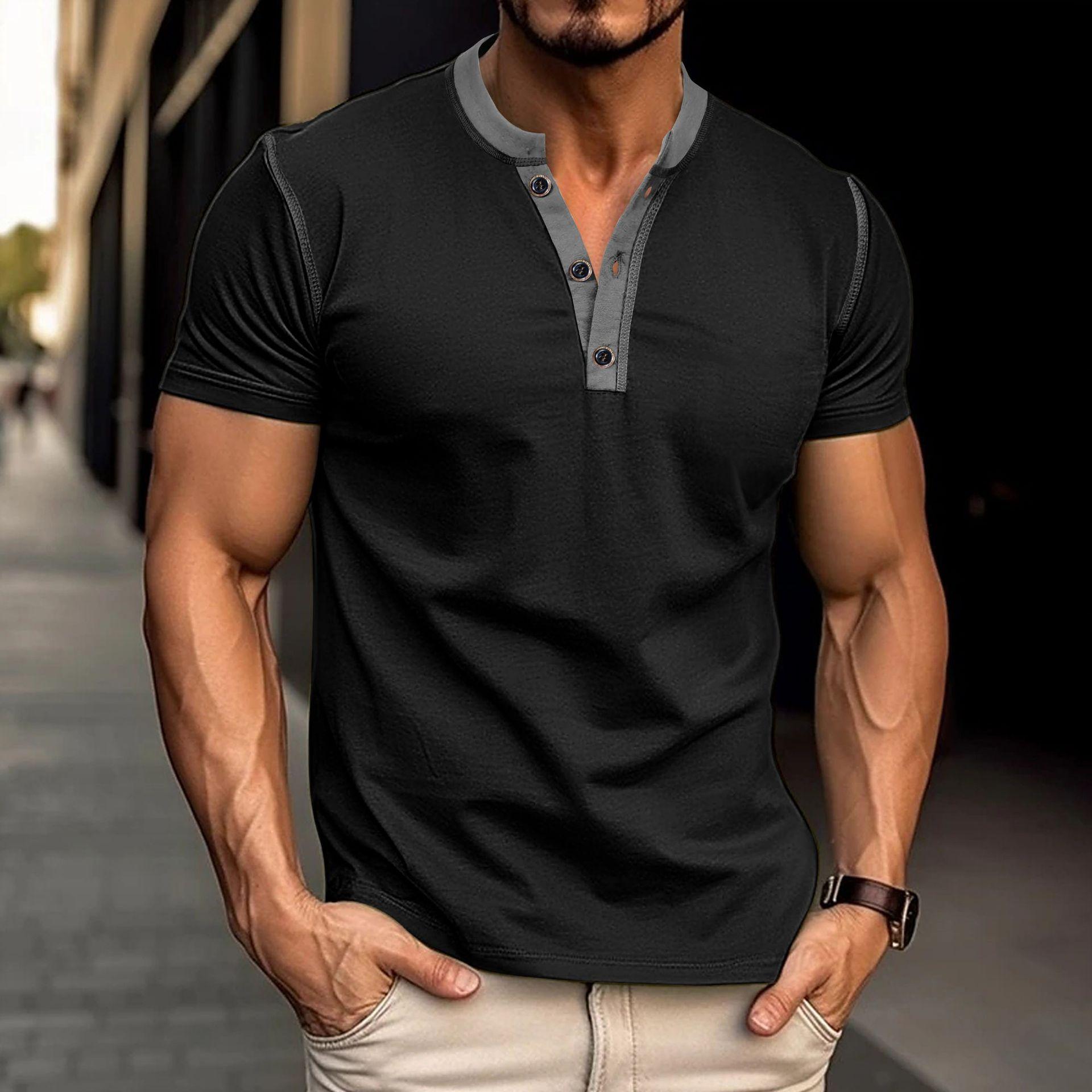 Fashion Short-sleeved Polo Shirt Summer Button V-neck T-shirt Tops Mens Clothing 3
