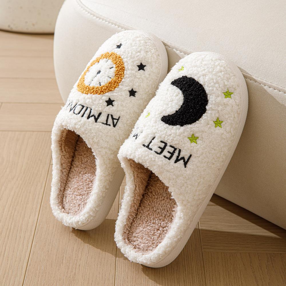 Fashion Moon And Clock Print Home Slippers Winter Warm Floor Bedroom House Shoes For Women 8