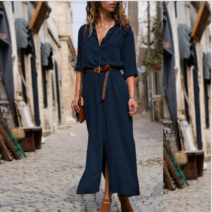 Women's Long Sleeve Skirt Button V-neck Long Dress With Belt Design 8