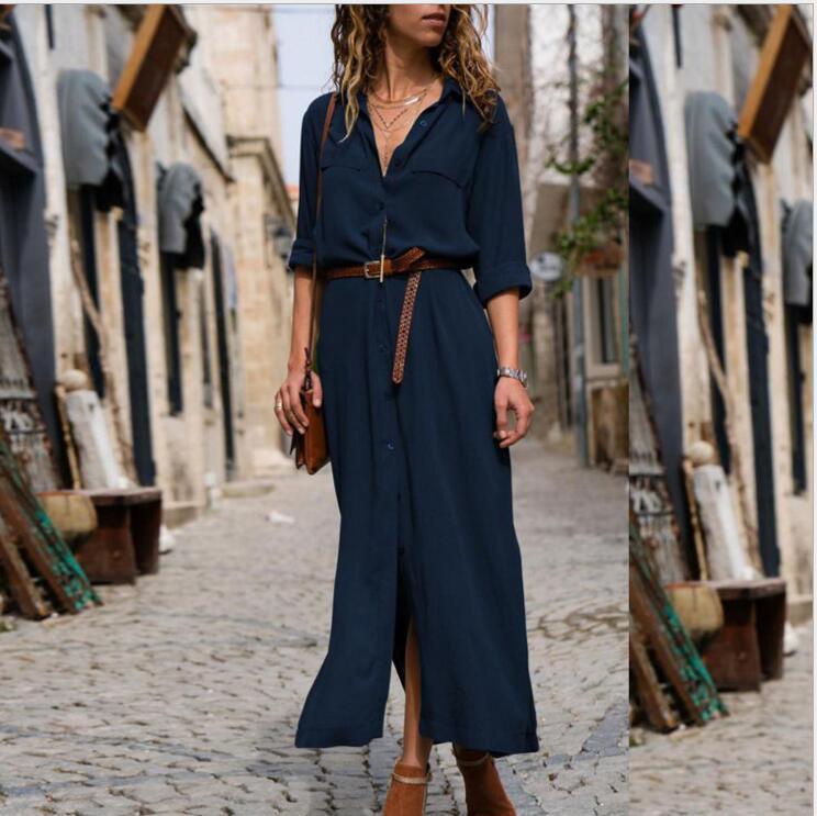 Women's Long Sleeve Skirt Button V-neck Long Dress With Belt Design 9