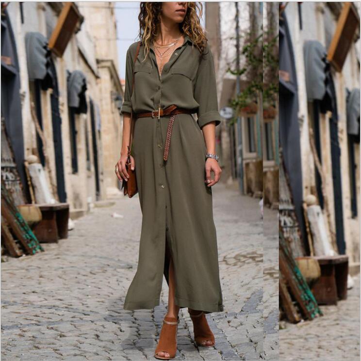Women's Long Sleeve Skirt Button V-neck Long Dress With Belt Design 6