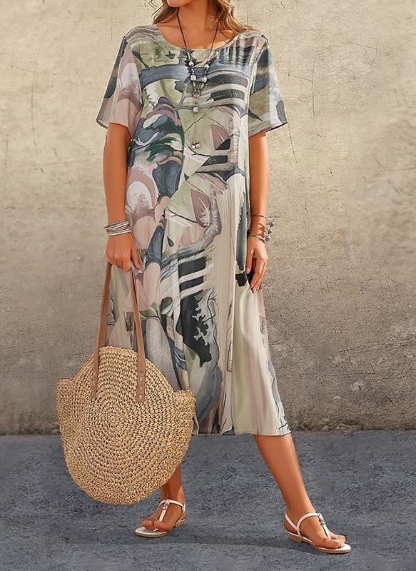 Fashion Casual Printed Dress Summer Short Sleeved Waist Round Neck Loose Beach Long Skirt 4