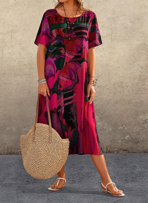 Fashion Casual Printed Dress Summer Short Sleeved Waist Round Neck Loose Beach Long Skirt 3