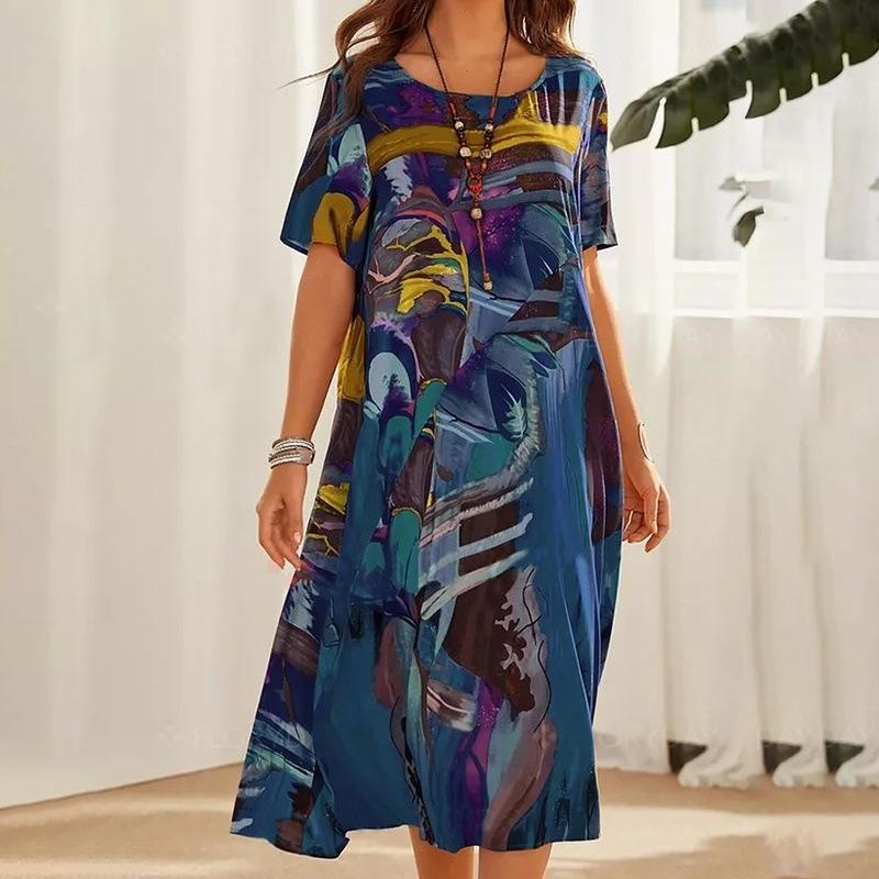 Fashion Casual Printed Dress Summer Short Sleeved Waist Round Neck Loose Beach Long Skirt 6