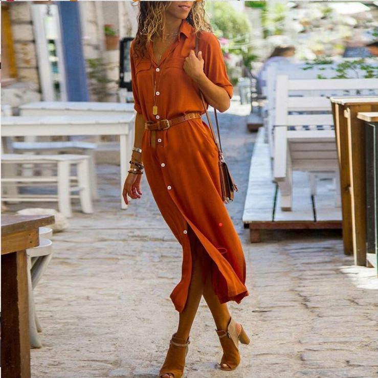 Women's Long Sleeve Skirt Button V-neck Long Dress With Belt Design 3