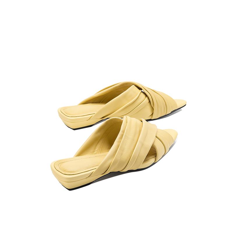 Women's Ruched Lambskin Slide Sandals, Square Toe Handmade Leather Flat Mules