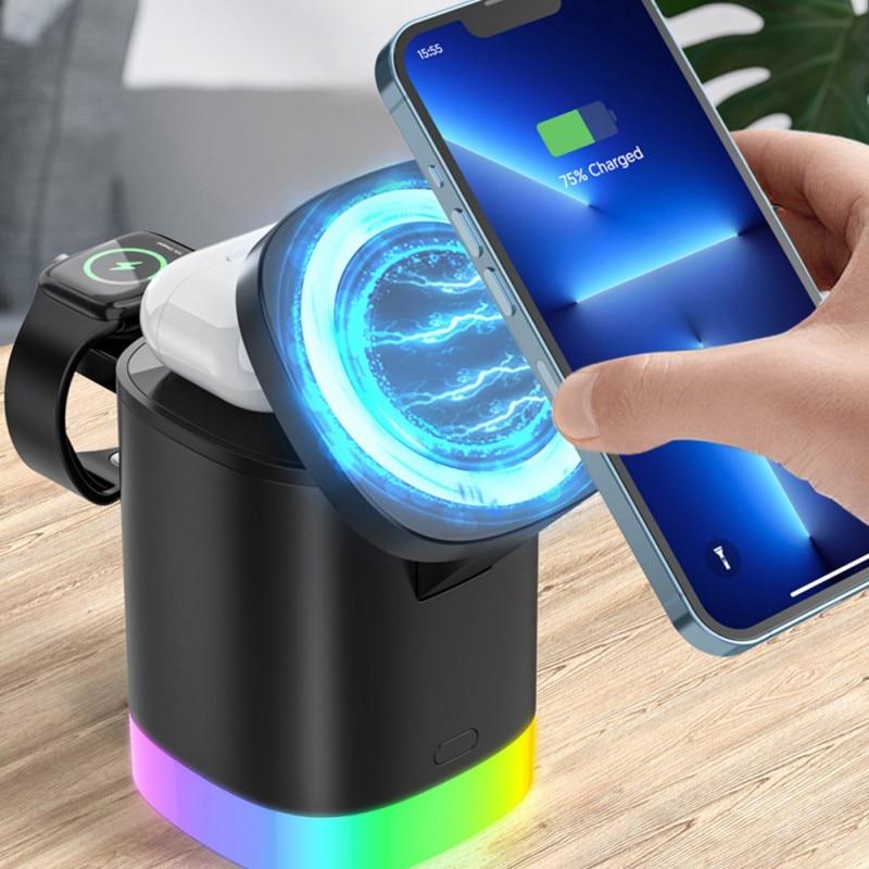 3 In 1 Magnetic Wireless Fast Charger For Smart Phone RGB Ambient Light Charging Station For Airpods IWatch 5