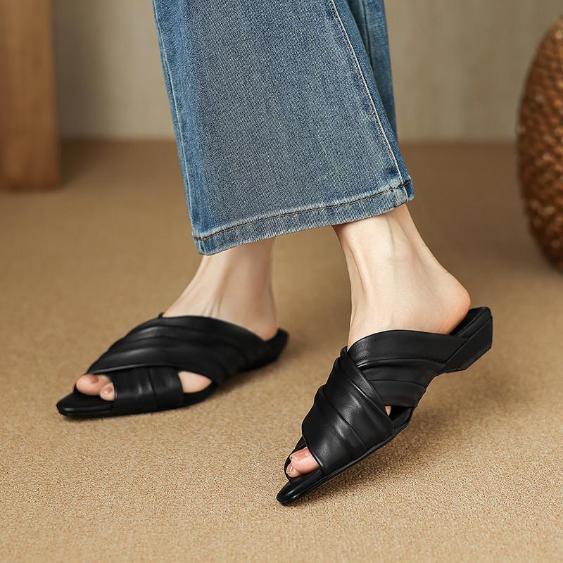 Women's Ruched Lambskin Slide Sandals, Square Toe Handmade Leather Flat Mules 5