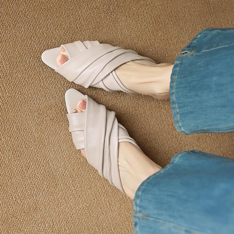 Women's Ruched Lambskin Slide Sandals, Square Toe Handmade Leather Flat Mules 3
