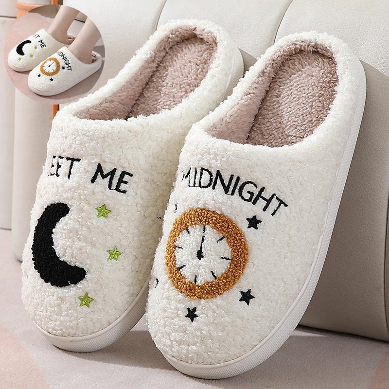 Fashion Moon And Clock Print Home Slippers Winter Warm Floor Bedroom House Shoes For Women 15