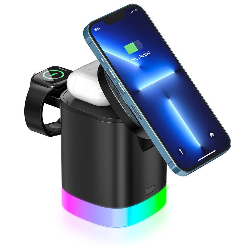 3 In 1 Magnetic Wireless Fast Charger For Smart Phone RGB Ambient Light Charging Station For Airpods IWatch 9