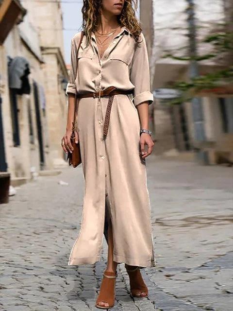 Women's Long Sleeve Skirt Button V-neck Long Dress With Belt Design 4
