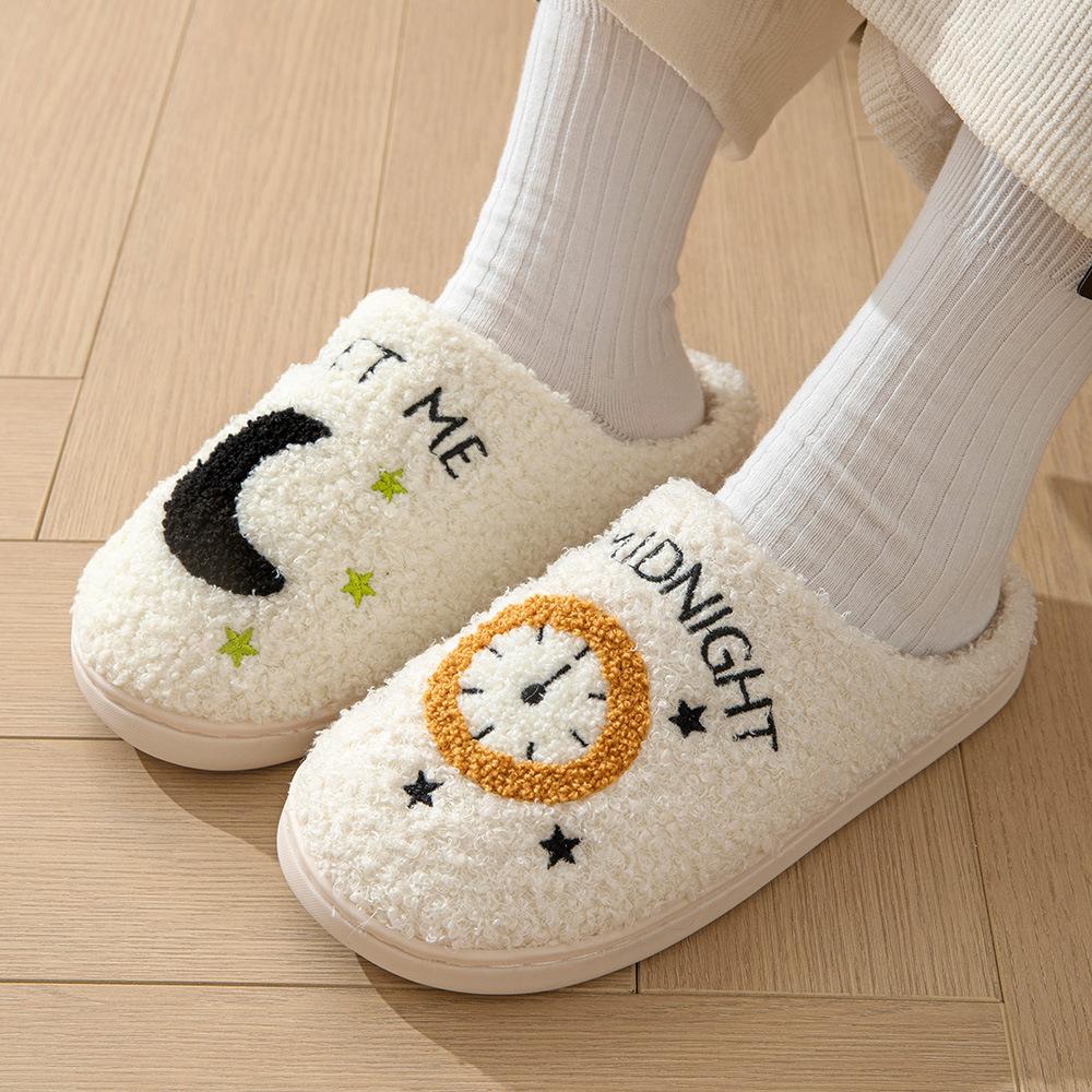 Fashion Moon And Clock Print Home Slippers Winter Warm Floor Bedroom House Shoes For Women 6