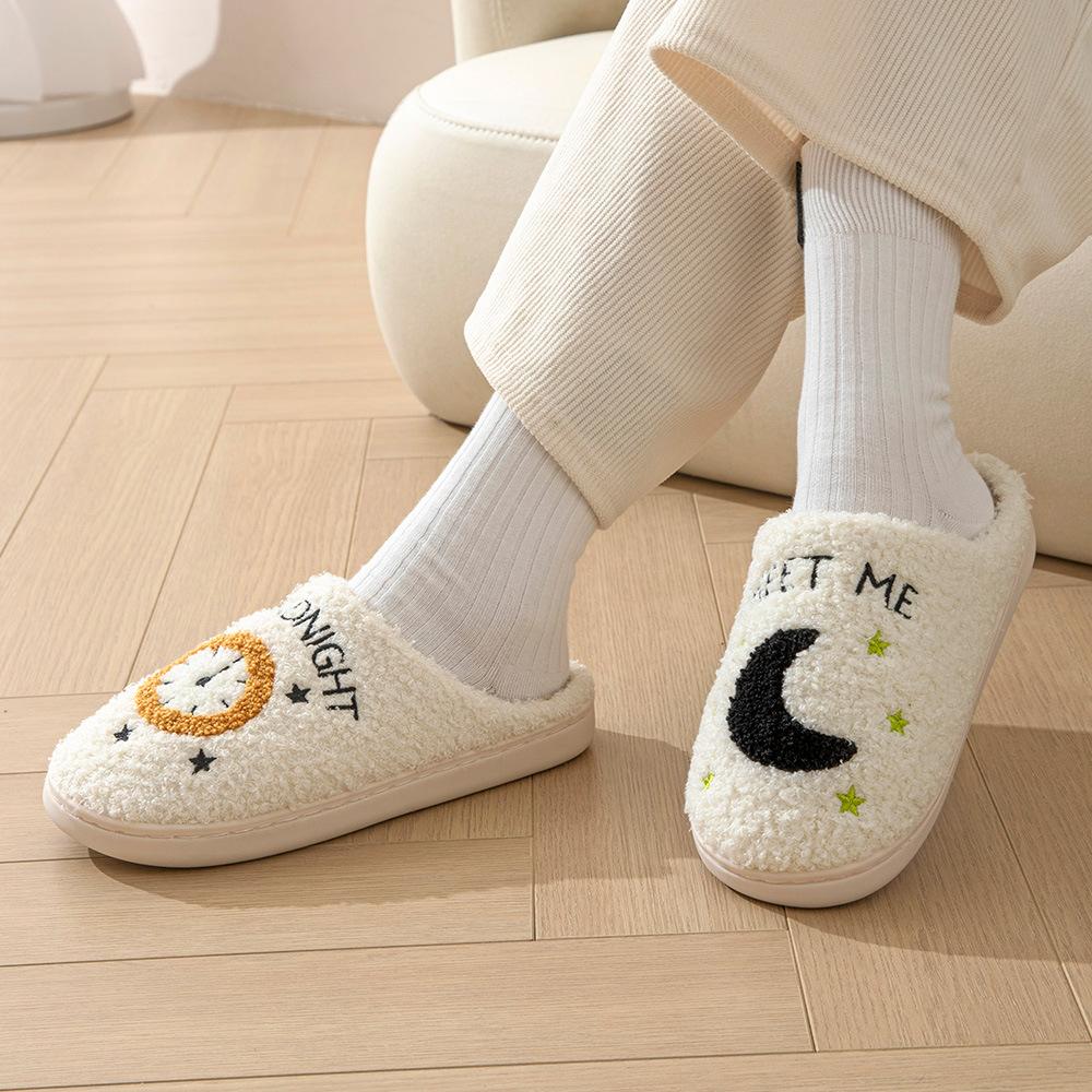 Fashion Moon And Clock Print Home Slippers Winter Warm Floor Bedroom House Shoes For Women 5