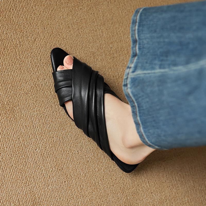 Women's Ruched Lambskin Slide Sandals, Square Toe Handmade Leather Flat Mules 4