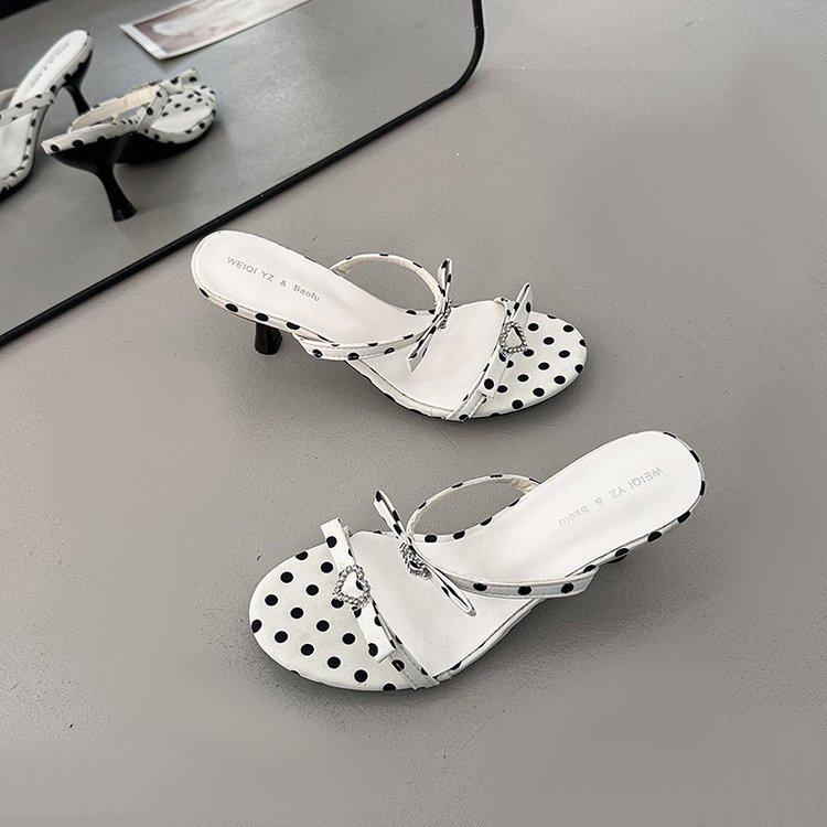 French Polka Dot Bow High-heeled Shoes For Women, White Round Toe Straight Strap Sandals For Women 4