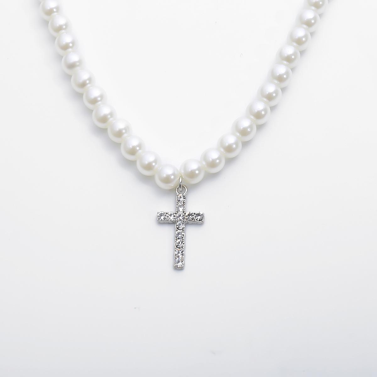 Pearl Clavicle Vintage Diamond Cross Pendant Necklace 3