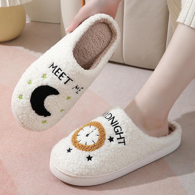 Fashion Moon And Clock Print Home Slippers Winter Warm Floor Bedroom House Shoes For Women 4