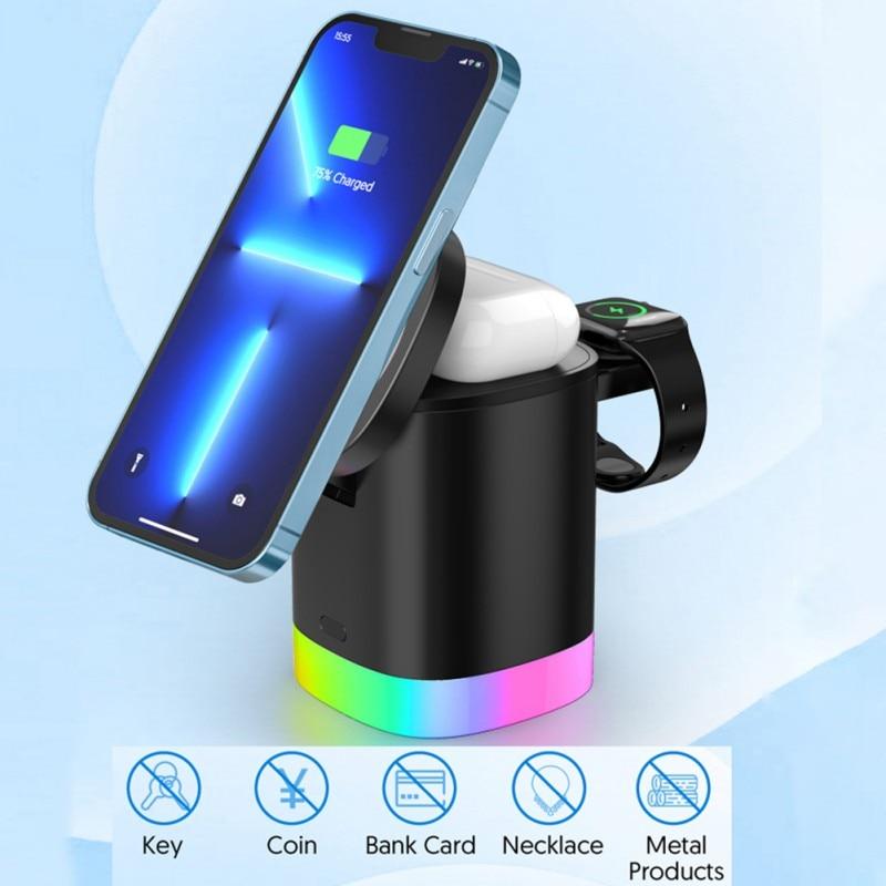 3 In 1 Magnetic Wireless Fast Charger For Smart Phone RGB Ambient Light Charging Station For Airpods IWatch 6