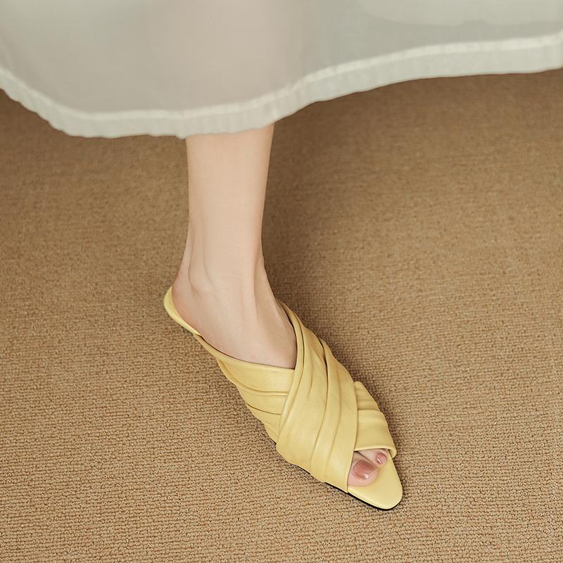 Women's Ruched Lambskin Slide Sandals, Square Toe Handmade Leather Flat Mules 6