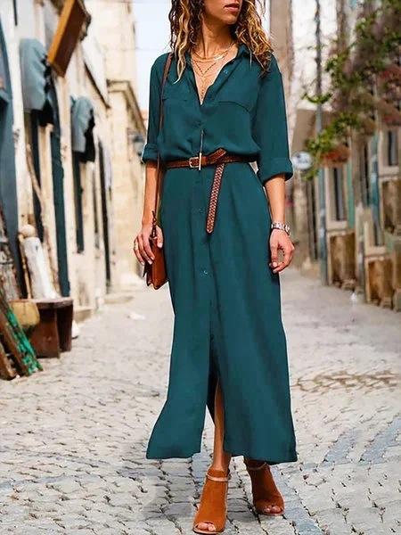 Women's Long Sleeve Skirt Button V-neck Long Dress With Belt Design 5