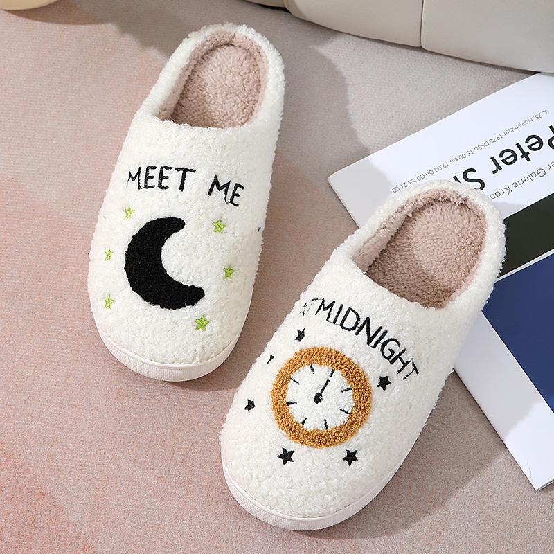 Fashion Moon And Clock Print Home Slippers Winter Warm Floor Bedroom House Shoes For Women 7