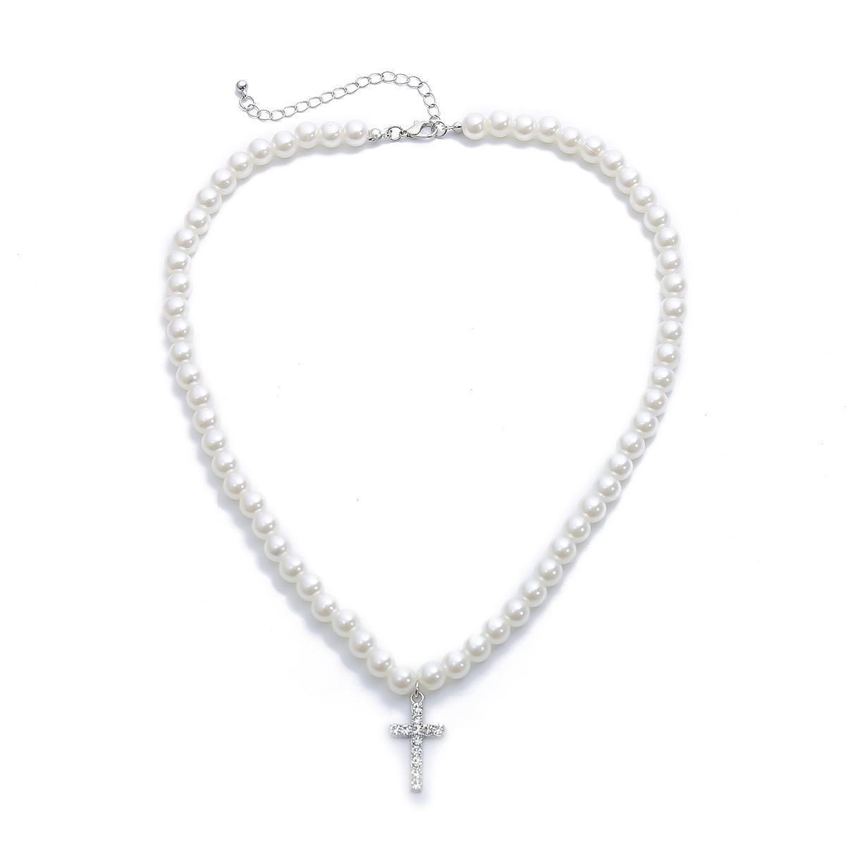 Pearl Clavicle Vintage Diamond Cross Pendant Necklace 4