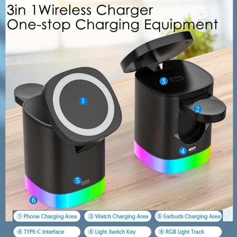 3 In 1 Magnetic Wireless Fast Charger For Smart Phone RGB Ambient Light Charging Station For Airpods IWatch 4