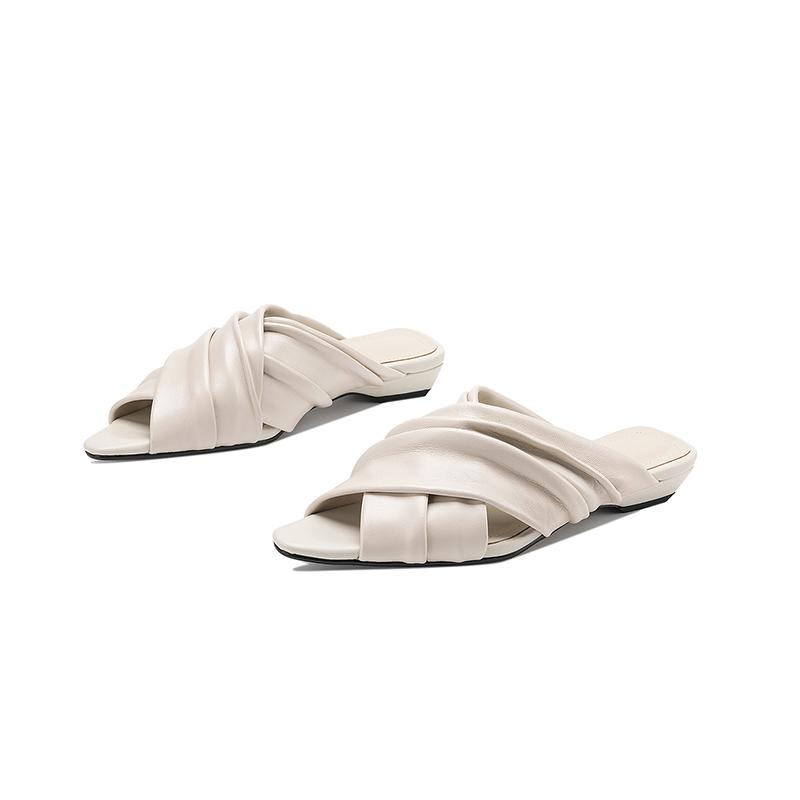 Women's Ruched Lambskin Slide Sandals, Square Toe Handmade Leather Flat Mules 8