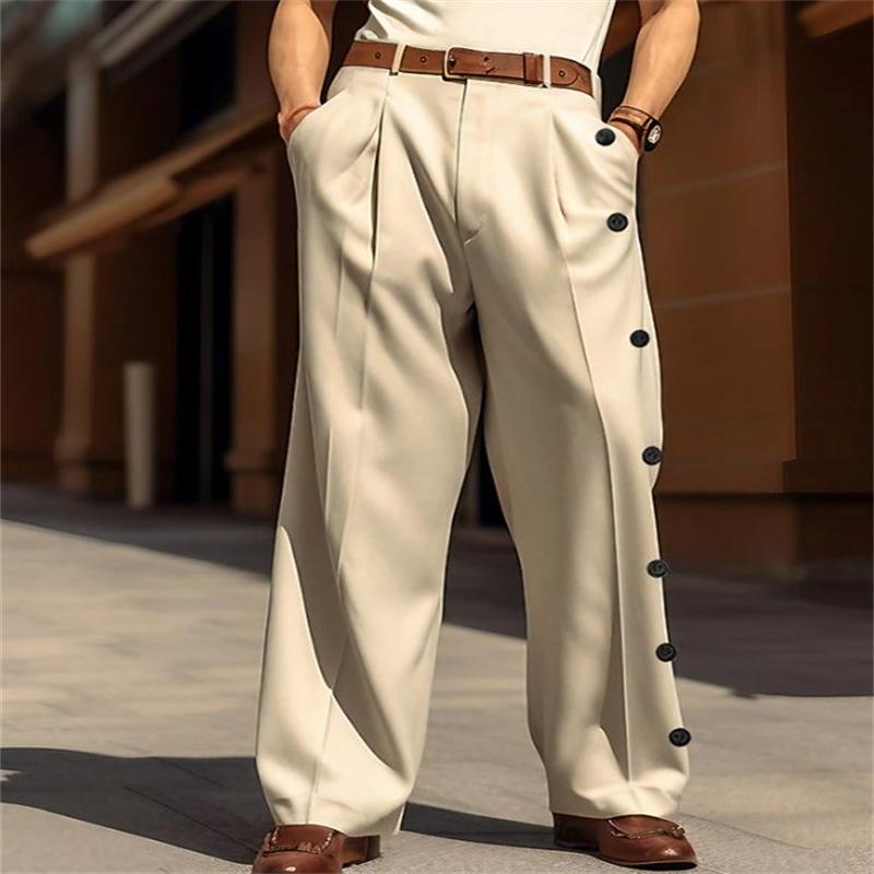 Mens Formal Solid-color Single-breasted Loose-fit Straight-leg Twill Suit Pants 8