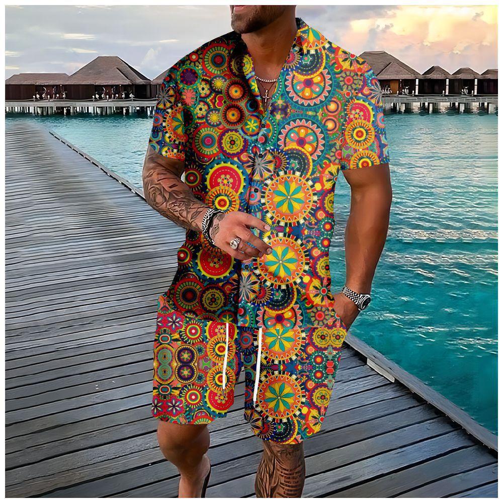 Mens Lapel Shirt And Shorts Set With 3D Print 12