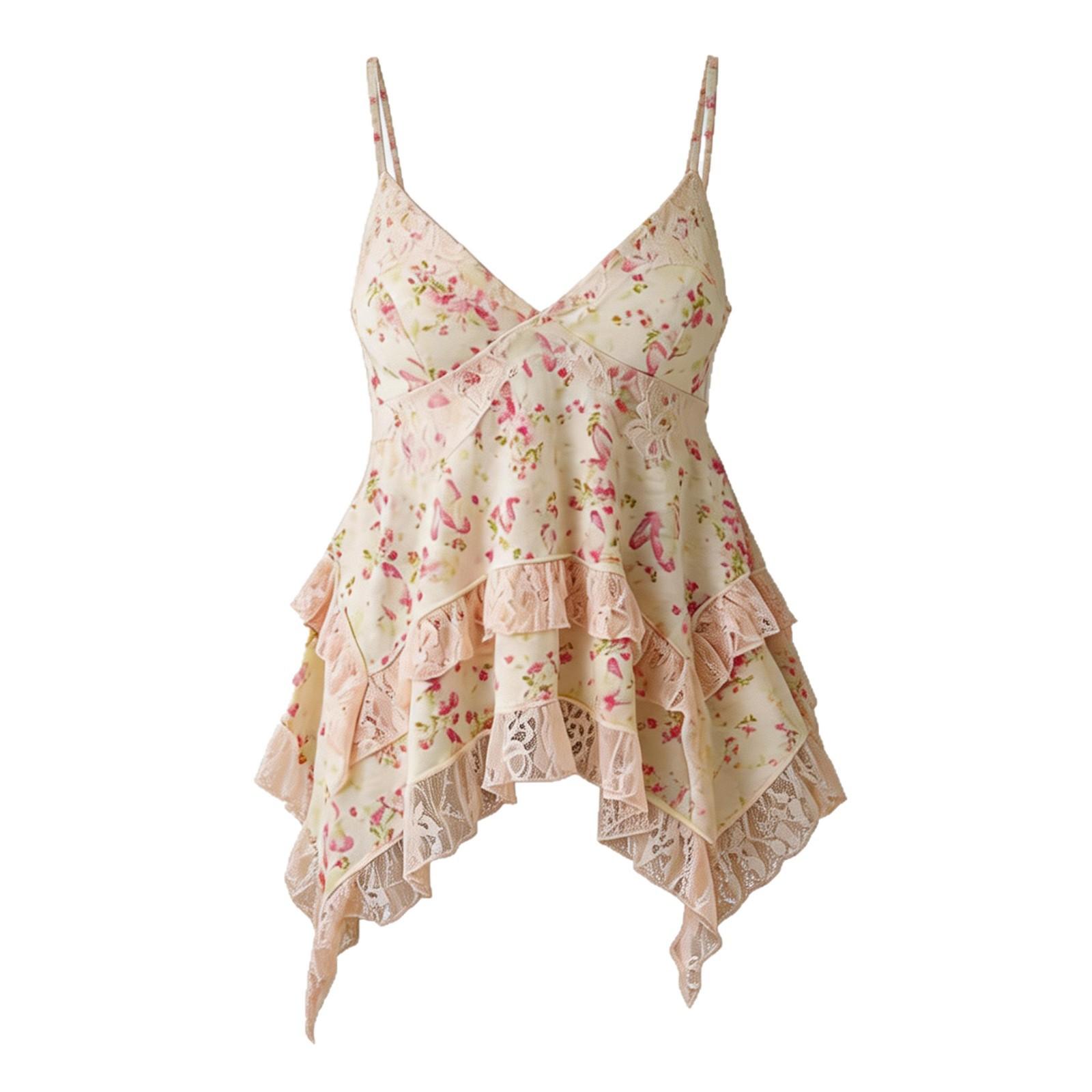 Retro Floral Chiffon Slimming Lace Flounce Strap Top 5