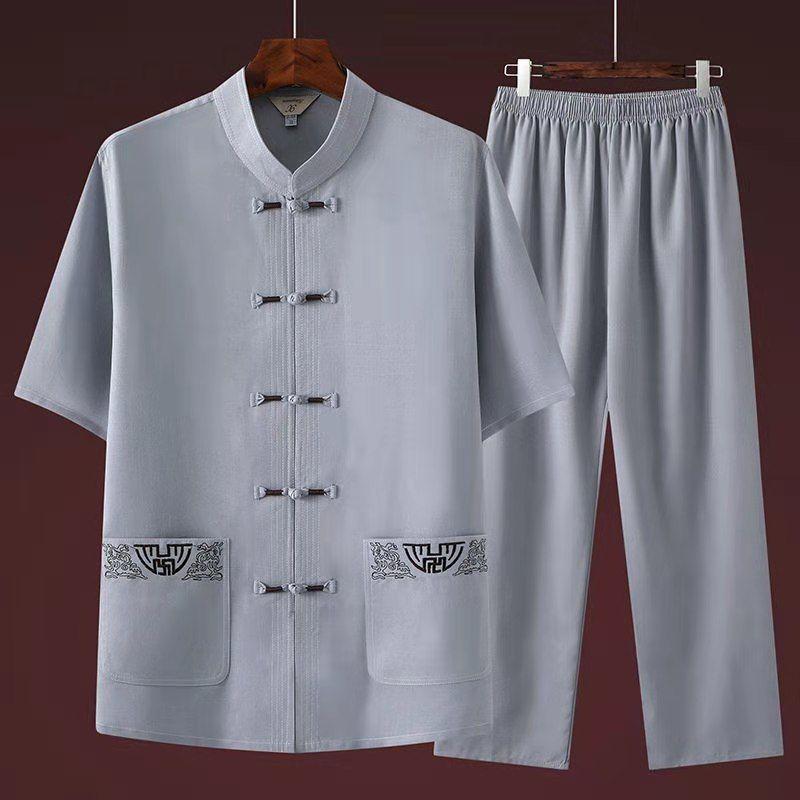 Mens Casual Summer Short-sleeve Ice-silk Shirt And Pants Set