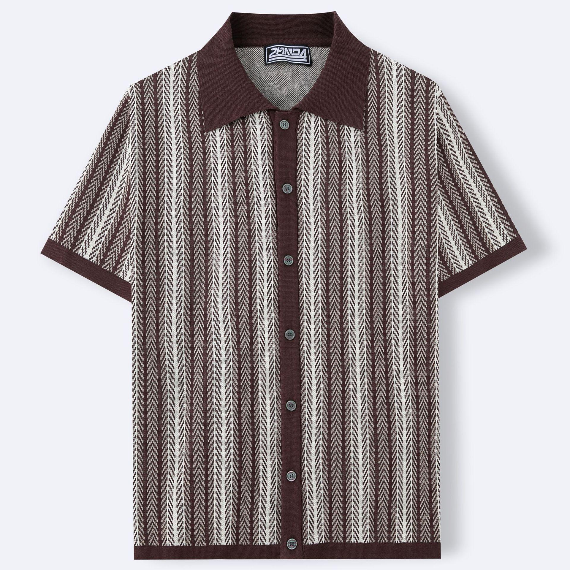Men's Short-Sleeve Striped Knitted Cardigan Jacquard Polo Shirt 4