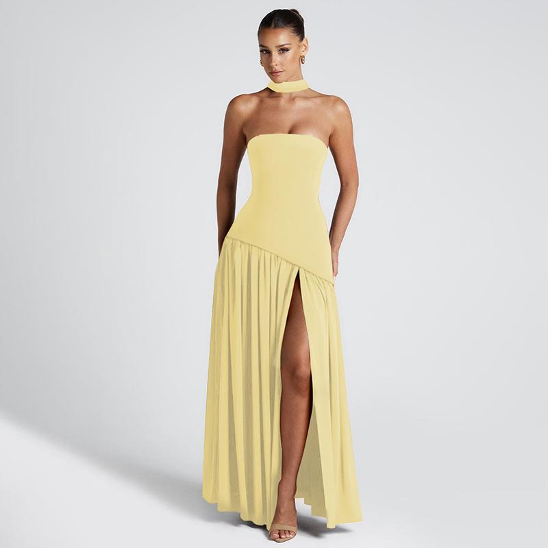 Pure Color Split Backless Elegant Streamer Dress 8