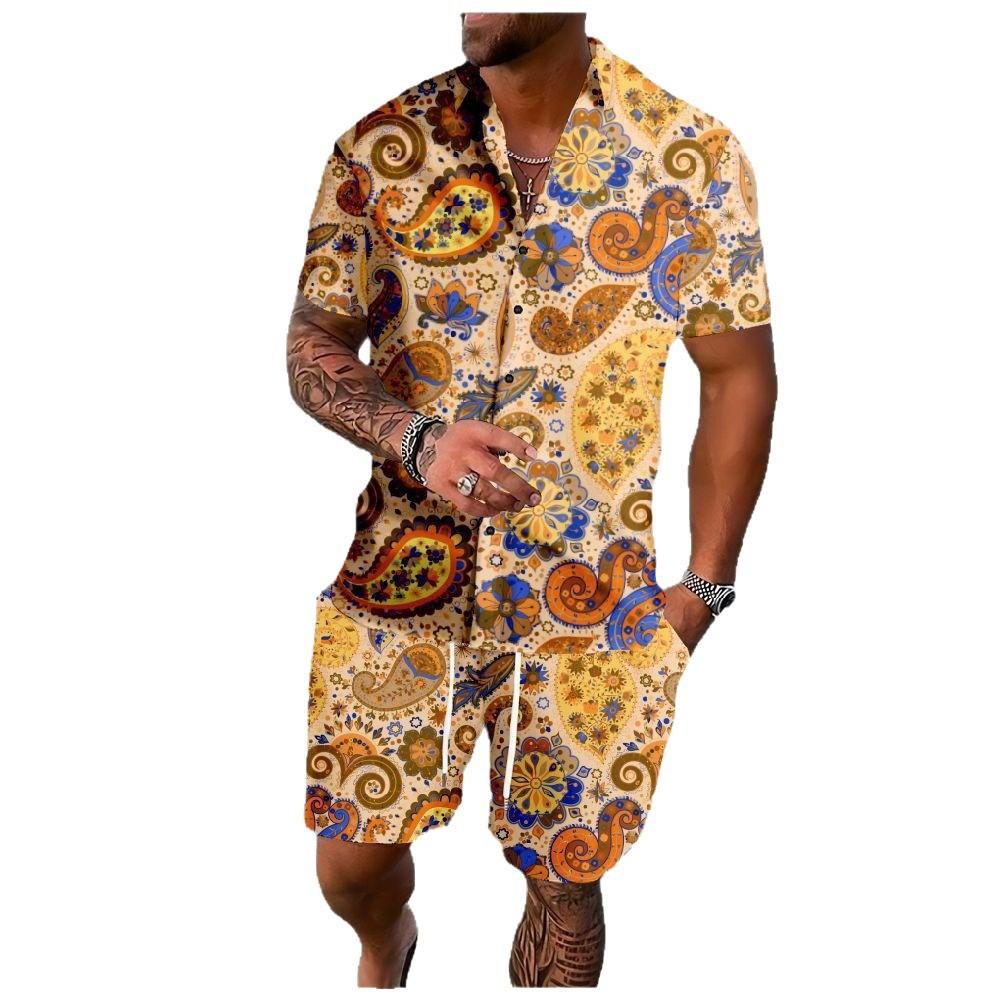 Mens Lapel Shirt And Shorts Set With 3D Print 5