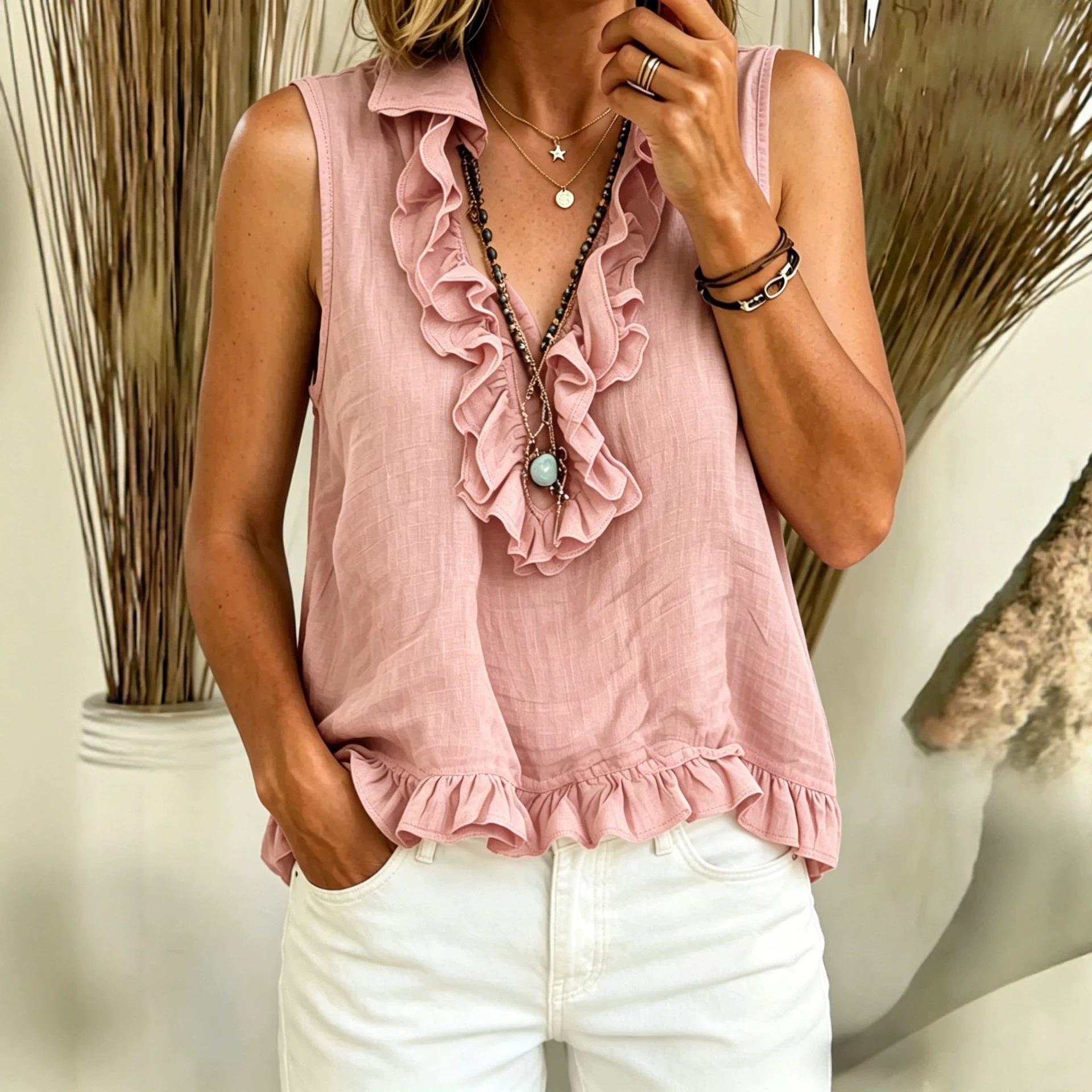 Fashionable V-neck Ruffled Sleeveless Tank Top 3