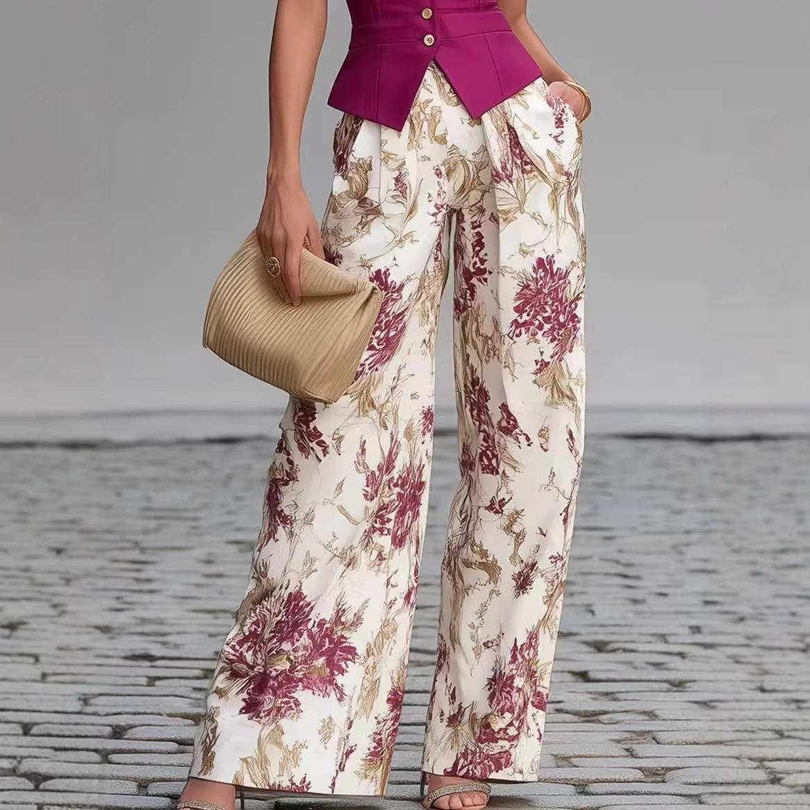Elegant Buttoned Vest Top And Summer Slimming Wide-leg Pants Two-piece Set For Women 4