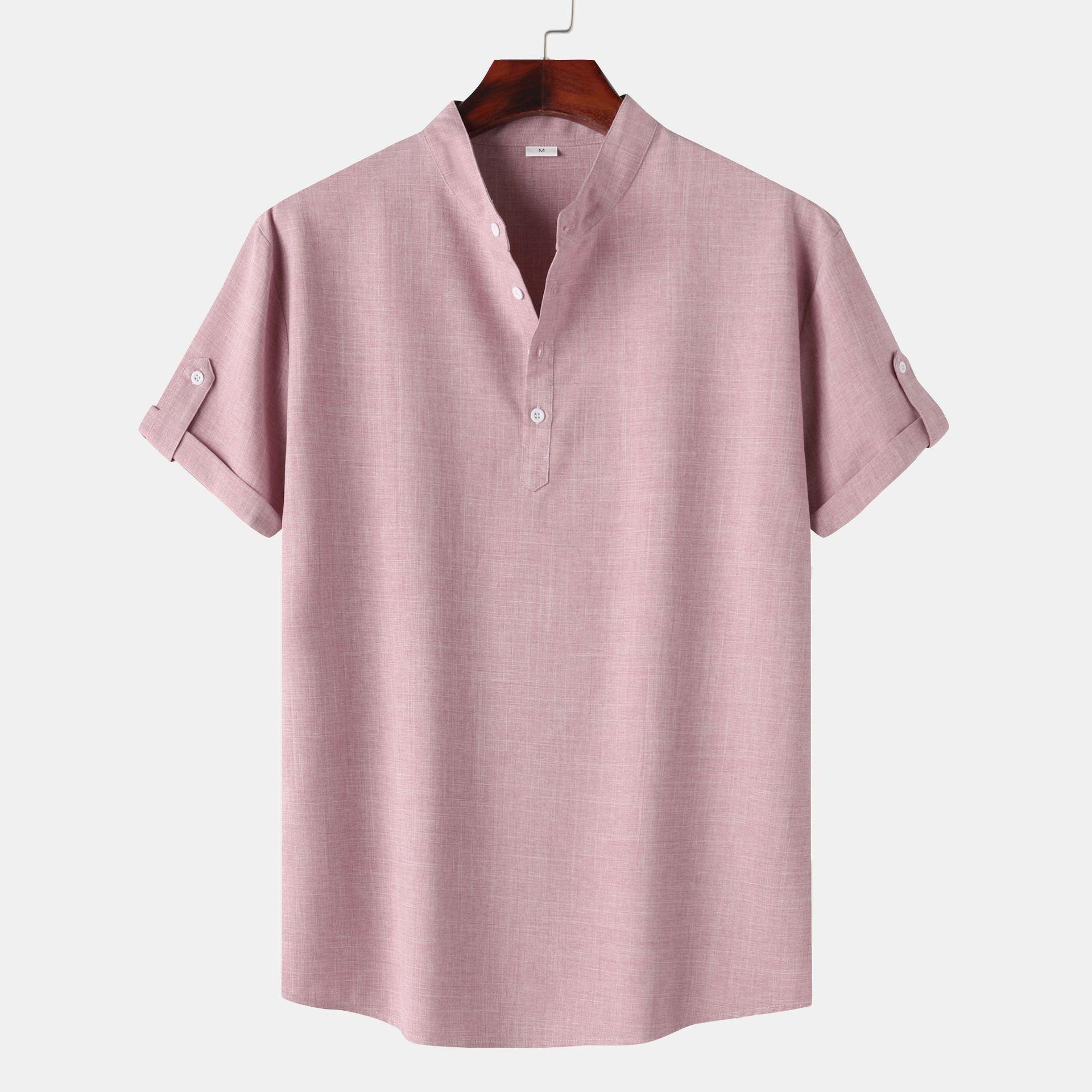 Men's Solid Color Stand Collar Short Sleeve Shirt 7