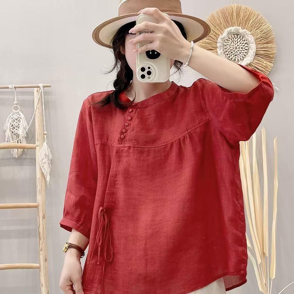 Five-point Solid-color Lace-up Short-sleeve Blouse Shirt 4