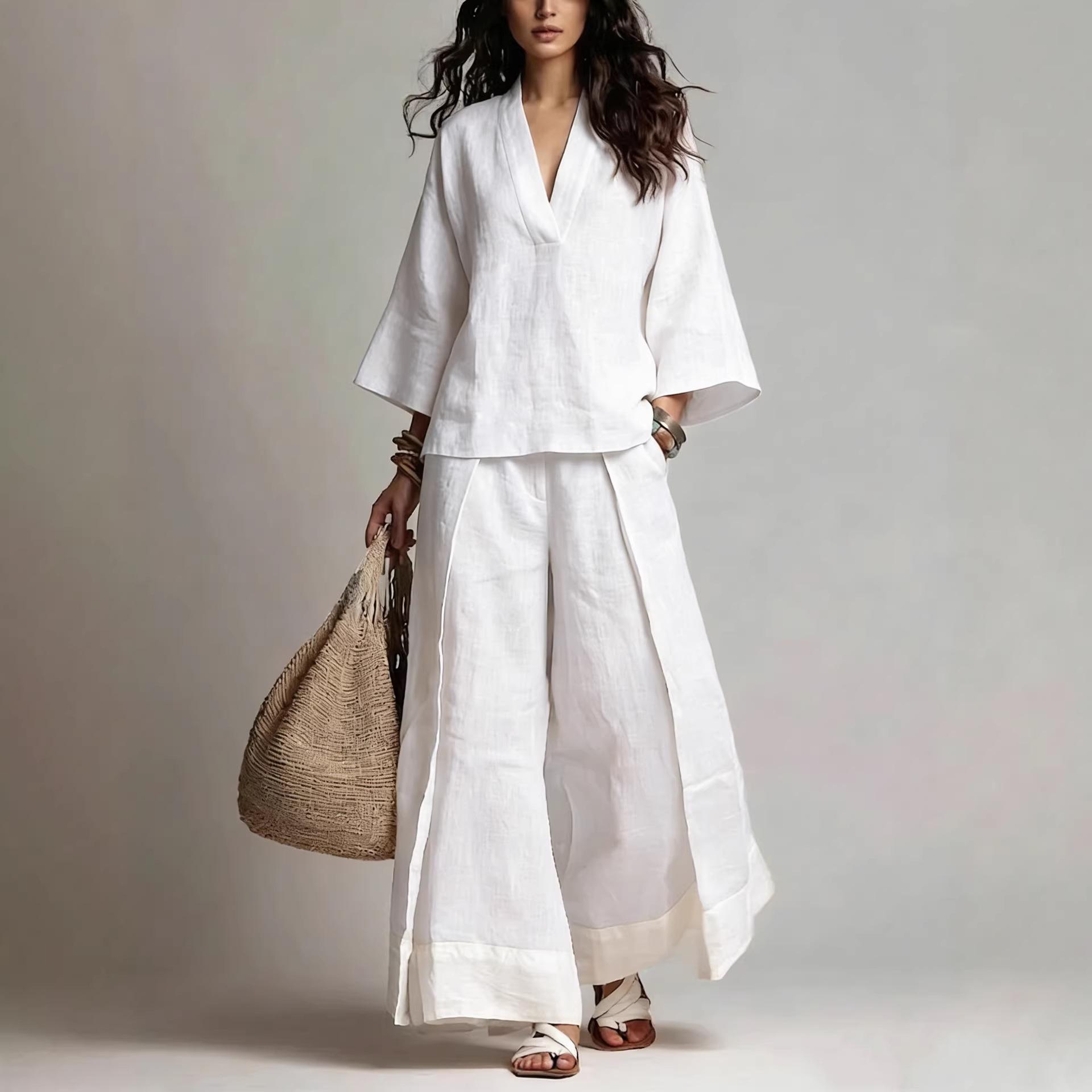Cotton-Linen French-Style V-Neck Three-Quarter-Sleeve Shirt Contrasting-Color Wide-Leg Pants Set 3
