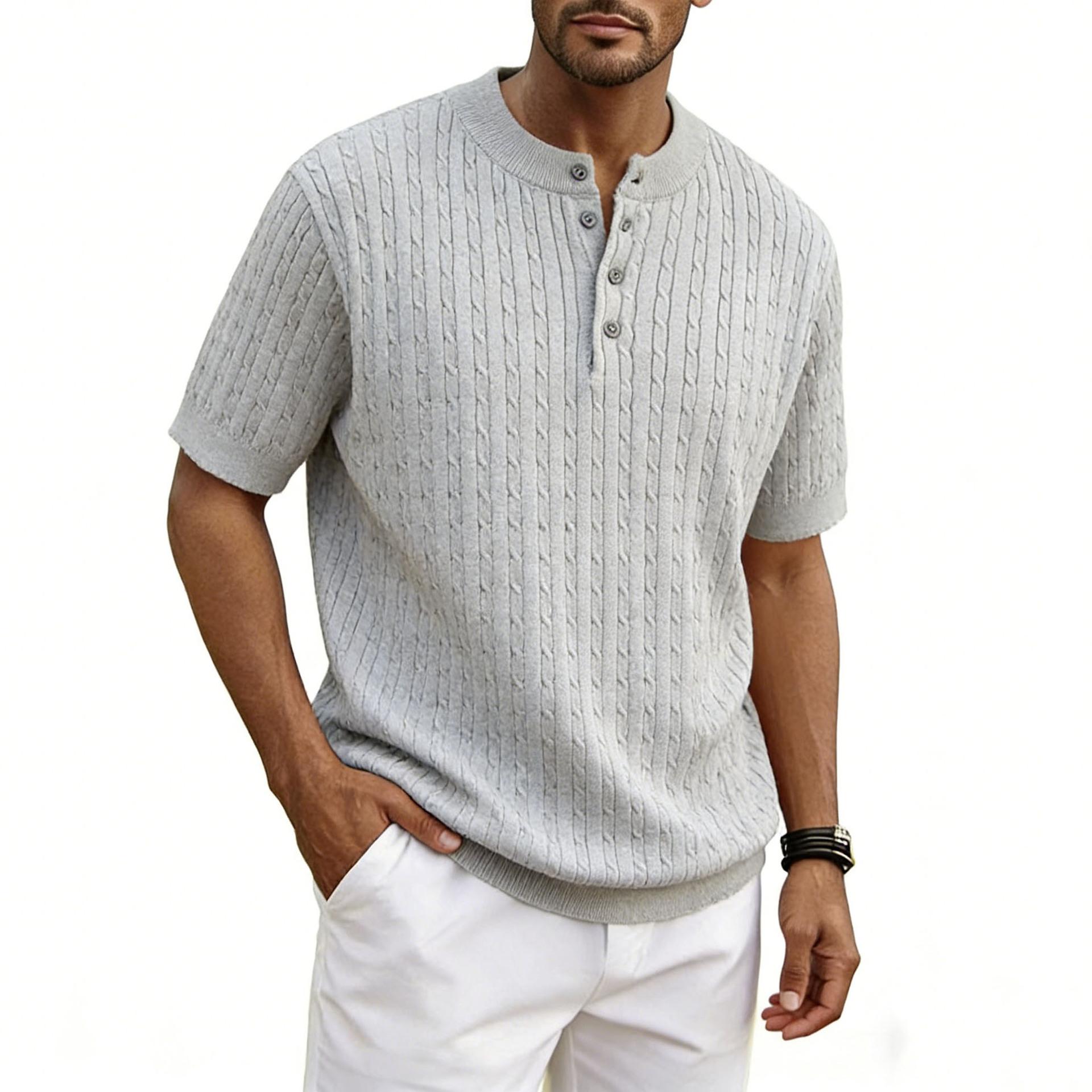 Men's Henry Collar Knit Sweater Short-sleeve T-shirt 6