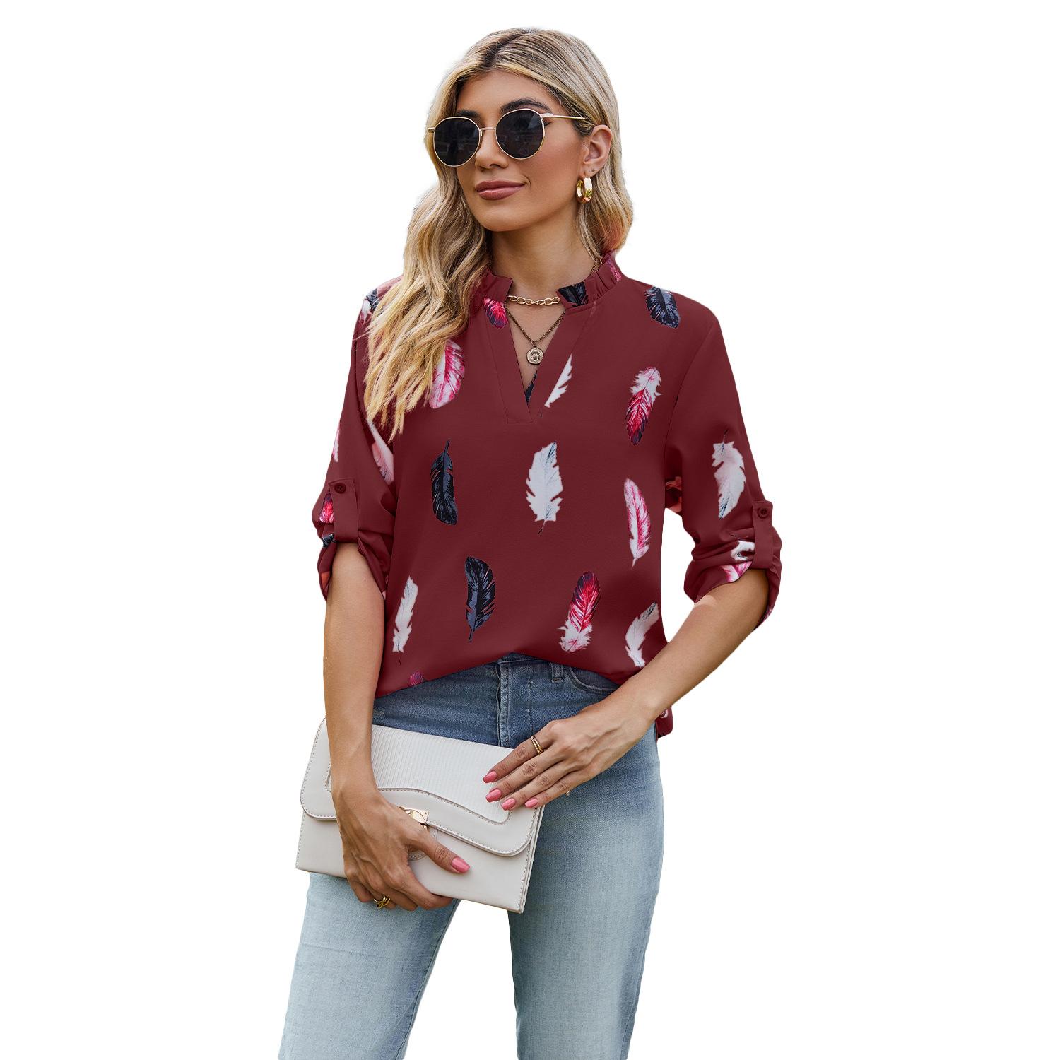 V-neck Feather Printed 34 Sleeves Loose Shirt 3