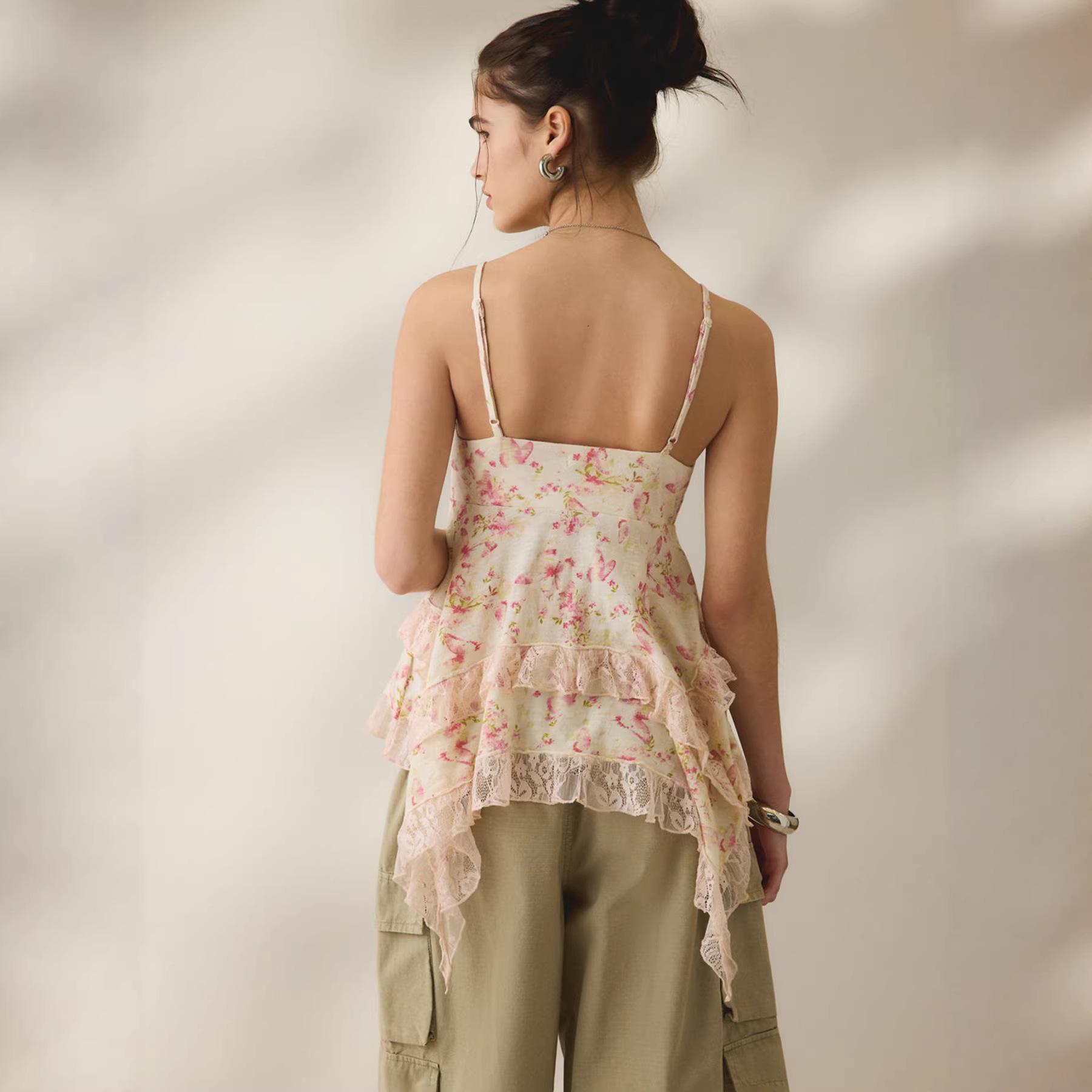 Retro Floral Chiffon Slimming Lace Flounce Strap Top 3