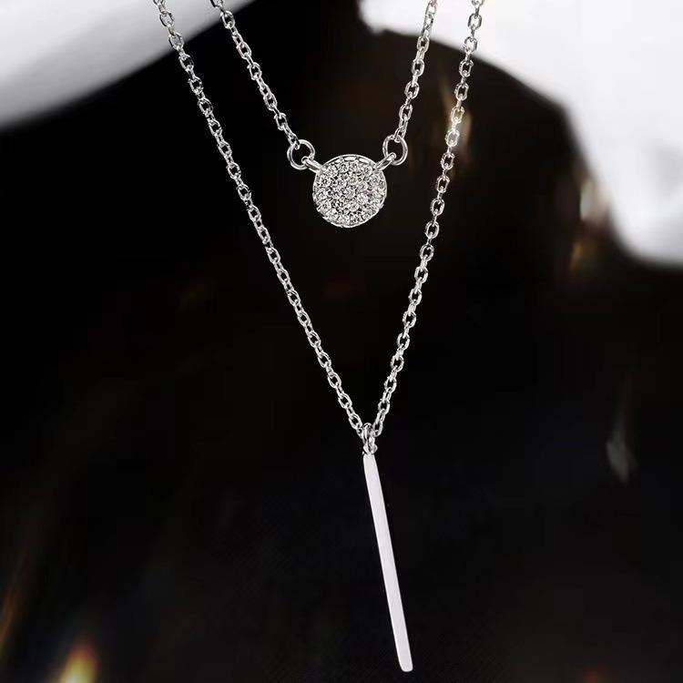 S925 Silver Color Double Chain Long Stick Micro Pave Zircon Round Pendant Necklaces For Women Trendy Jewelry 4